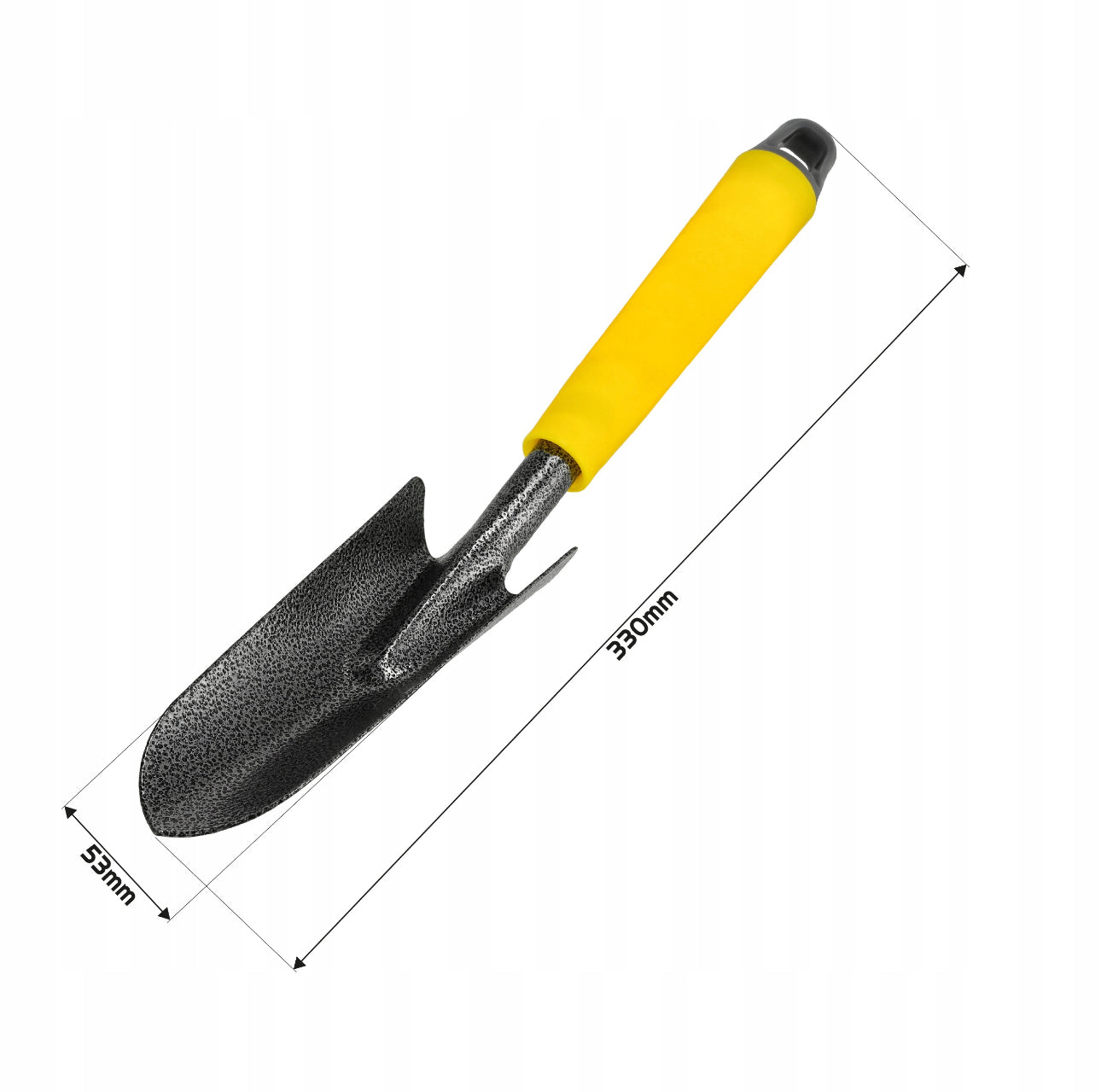 Smal hagespade i slitesterkt stål, 33 cm lang og 5,3 cm bred, med ergonomisk gult håndtak – perfekt til planting og hagearbeid.