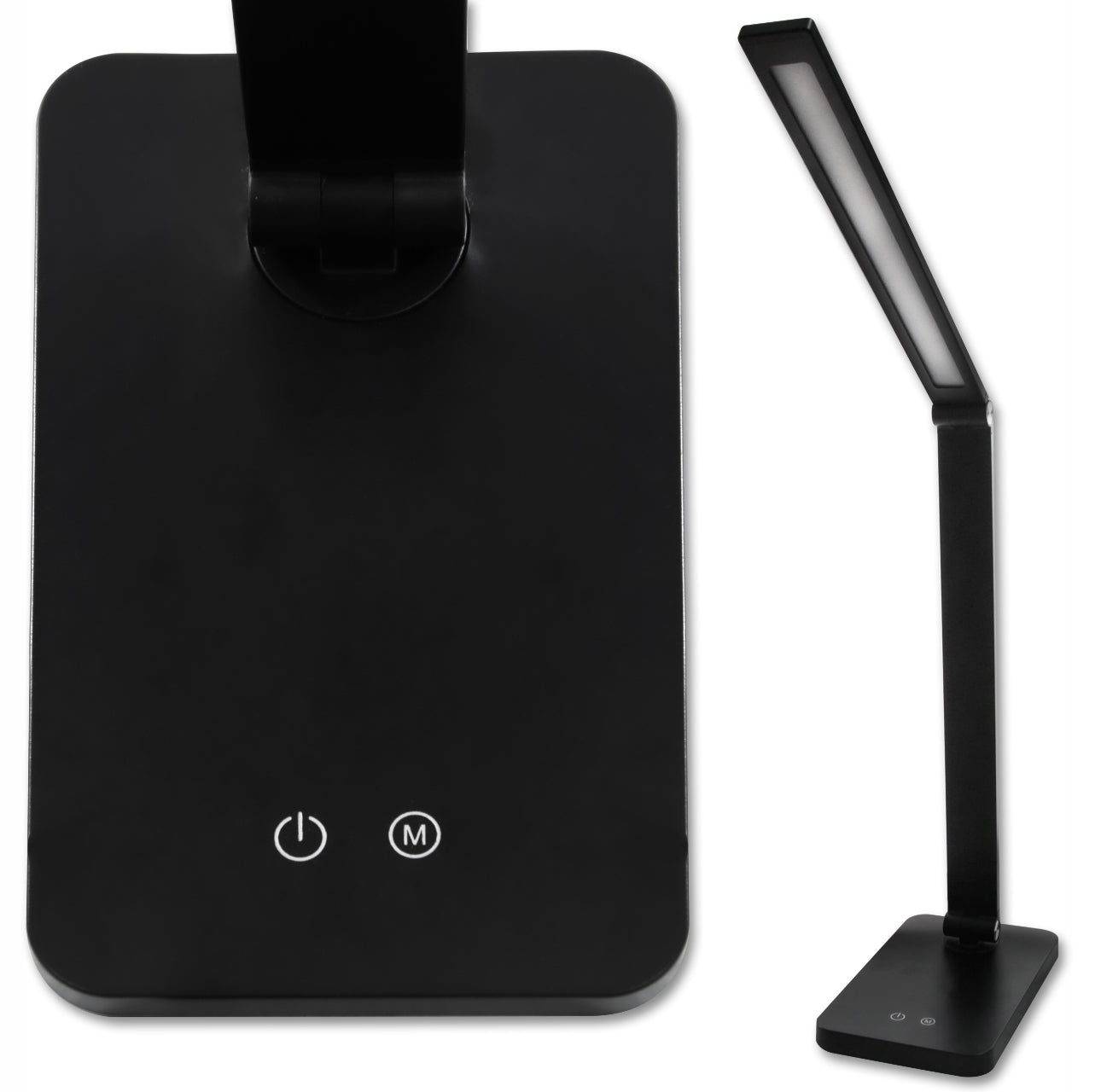 Nærbilde av lampens base med touch-knapper for lysstyrke og moduser