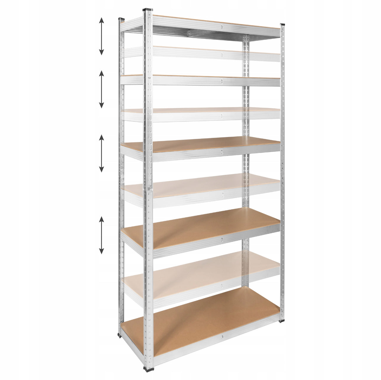 Metallhyllereol 2-i-1 med 5 justerbare MDF-hyller, bæreevne på 750 kg, galvanisert stålkonstruksjon, dimensjoner 180x90x40 cm, ideell for garasje, bod og lager.