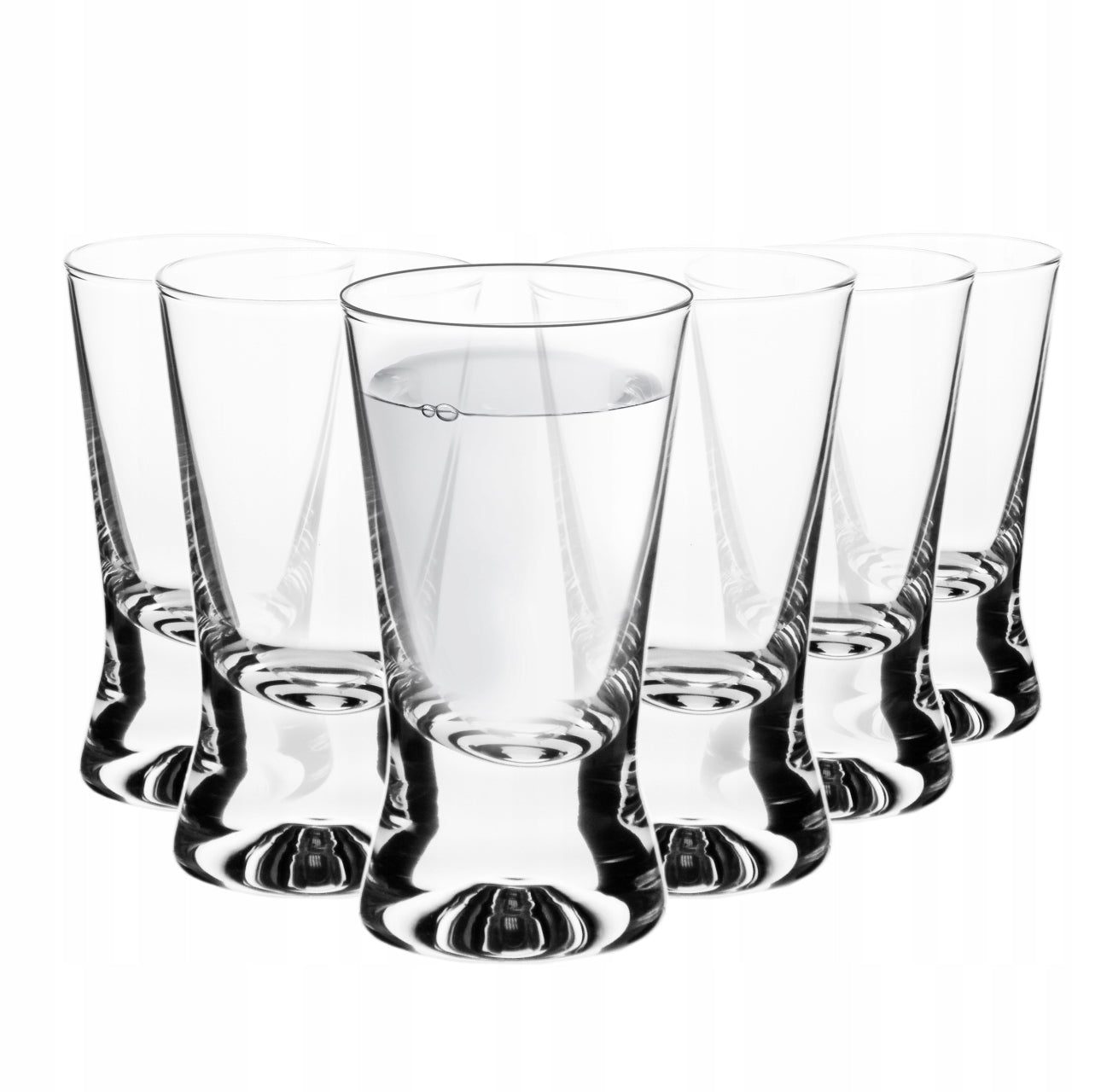 Sett med seks klare shotglass 25 ml med bred bunn og elegant form