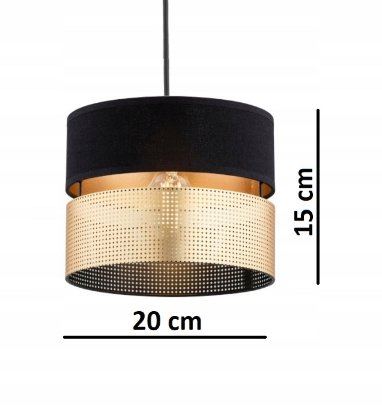 Svart og gull sylinder lampe med perforert metallskjerm, 20 cm bredde
