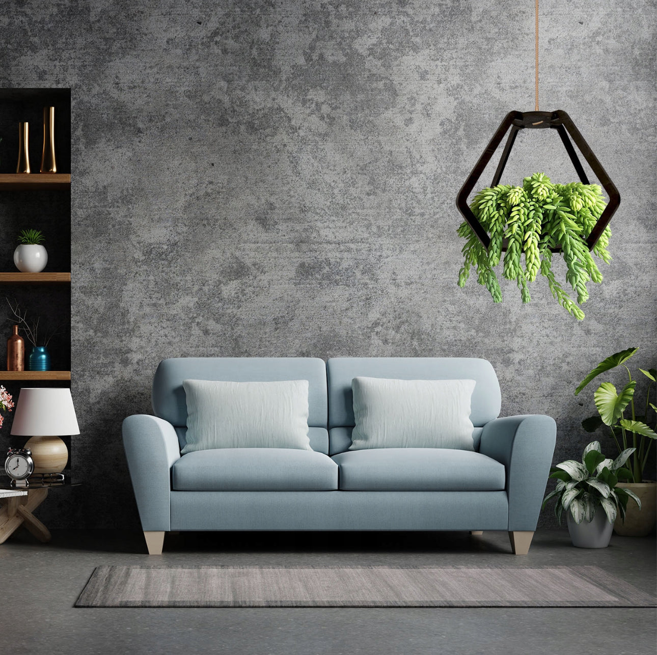 Hengende planteholder i svartbeiset kryssfiner – 39 x 27,5 cm – sekskantet design med jutesnor for oppheng. Perfekt til blomsterpotter opptil 20 cm i diameter. Moderne og stilren interiørdekor i naturmaterialer.