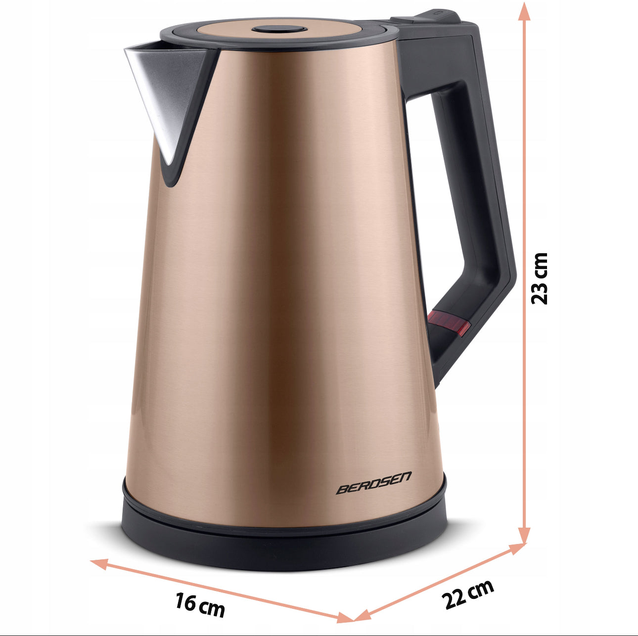 Elegant elektrisk vannkoker 1,7L i kobberfarge med rustfritt stål, BPA-fritt materiale og moderne design, 2200W for rask koking.