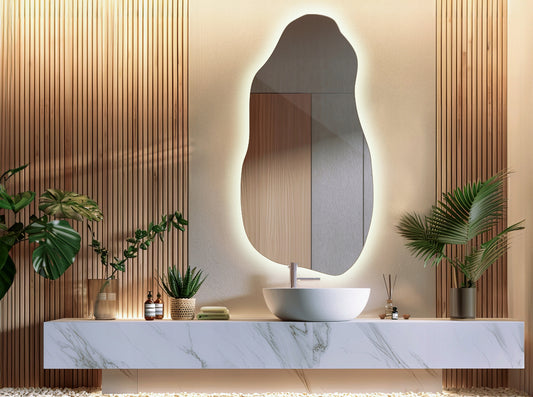 Asymmetrisk LED-speil 50x100 cm med bakgrunnsbelysning – moderne design i klart glass med 4 mm tykkelse, nøytral lysfarge 4000K, monteres med metalloppheng