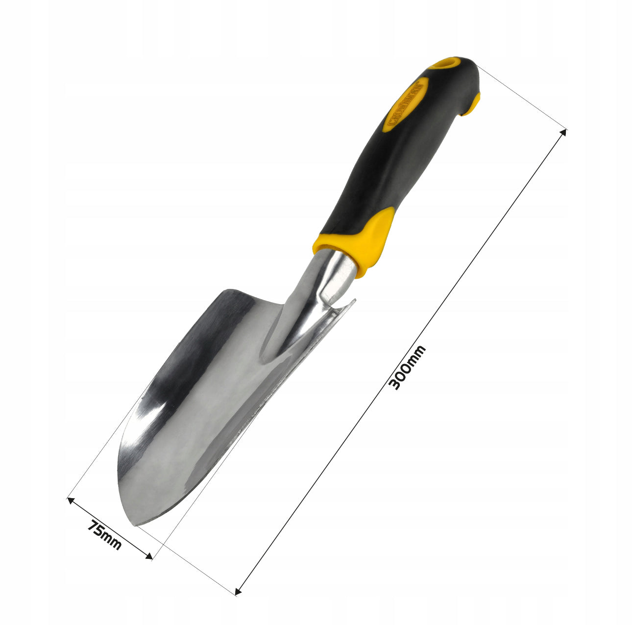 Bred hagespade i aluminium, 30 cm lengde, bladbredde 7,5 cm, svart og gul ergonomisk håndtak – perfekt til planting og hagearbeid.