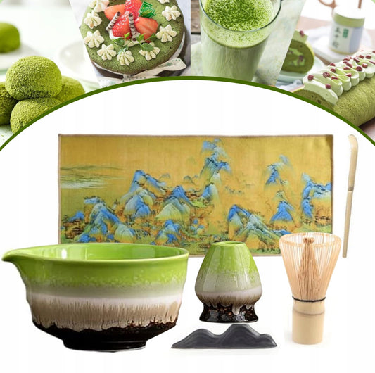 Seksdelers matcha te sett med bolle, visp, skje og håndkle i japansk stil