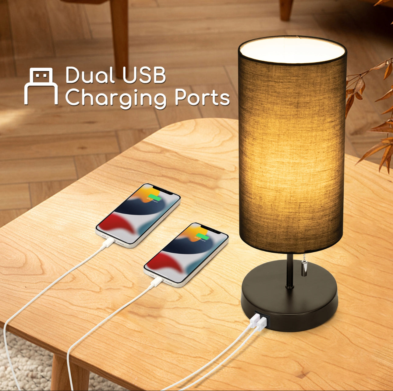 Moderne bordlampe i sort med grå tekstilskjerm, 38,5 cm høy, metallbase og to USB-porter for lading – perfekt som nattbordslampe eller skrivebordslampe.