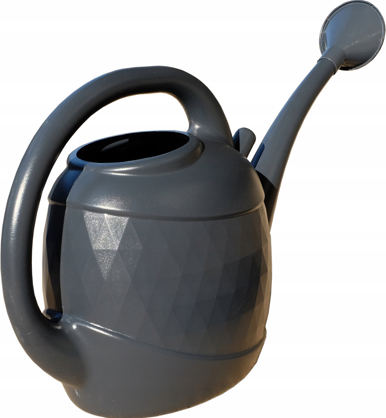 Grå vannkanne på 10 liter i slitesterk plast med Diamond 3D-mønster, perfekt for vanning av hage og planter.