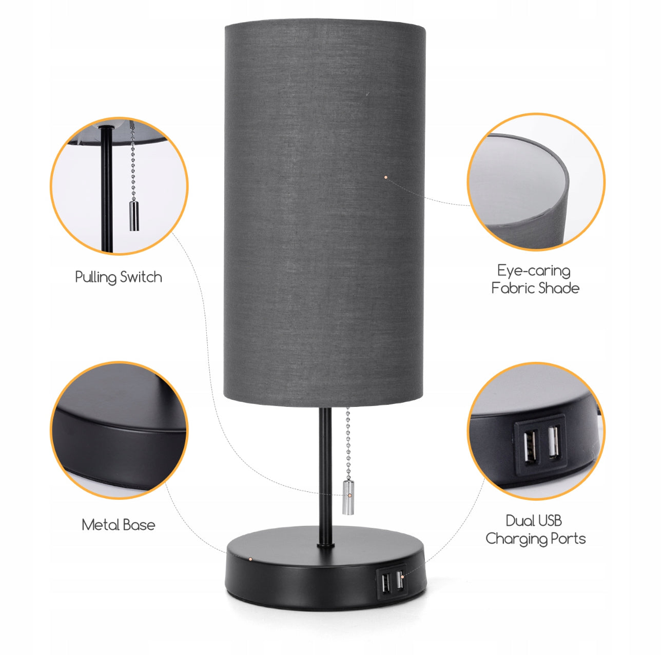 Moderne bordlampe i sort med grå tekstilskjerm, 38,5 cm høy, metallbase og to USB-porter for lading – perfekt som nattbordslampe eller skrivebordslampe.