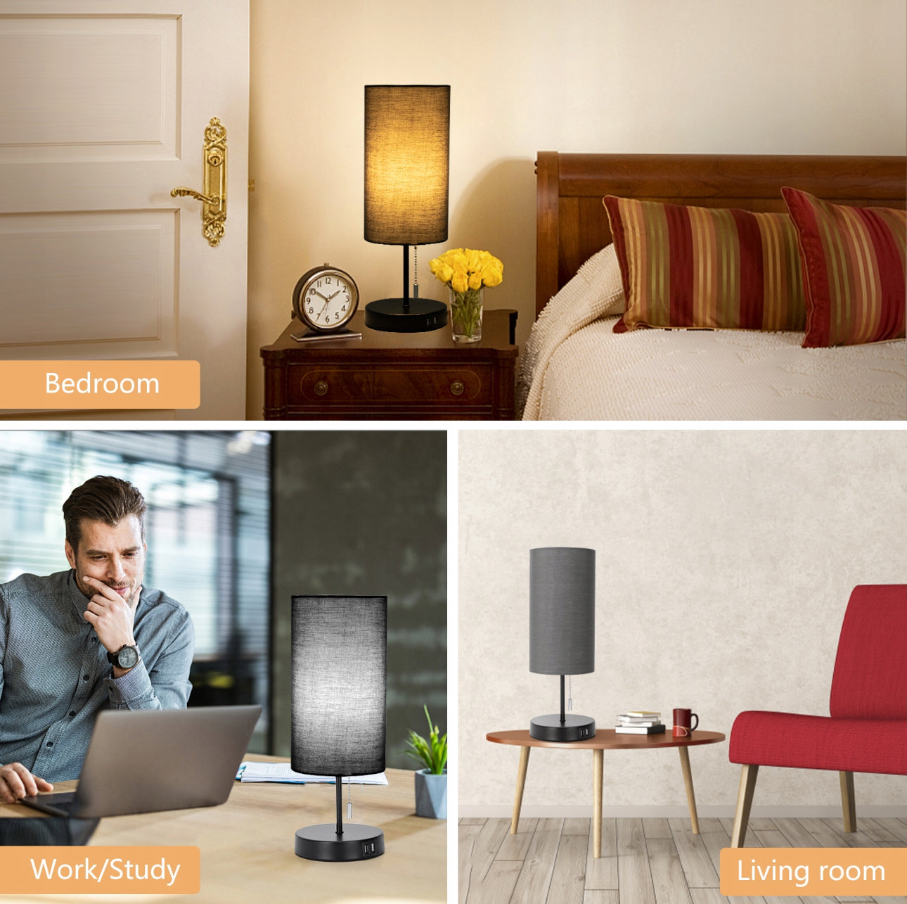 Moderne bordlampe i sort med grå tekstilskjerm, 38,5 cm høy, metallbase og to USB-porter for lading – perfekt som nattbordslampe eller skrivebordslampe.