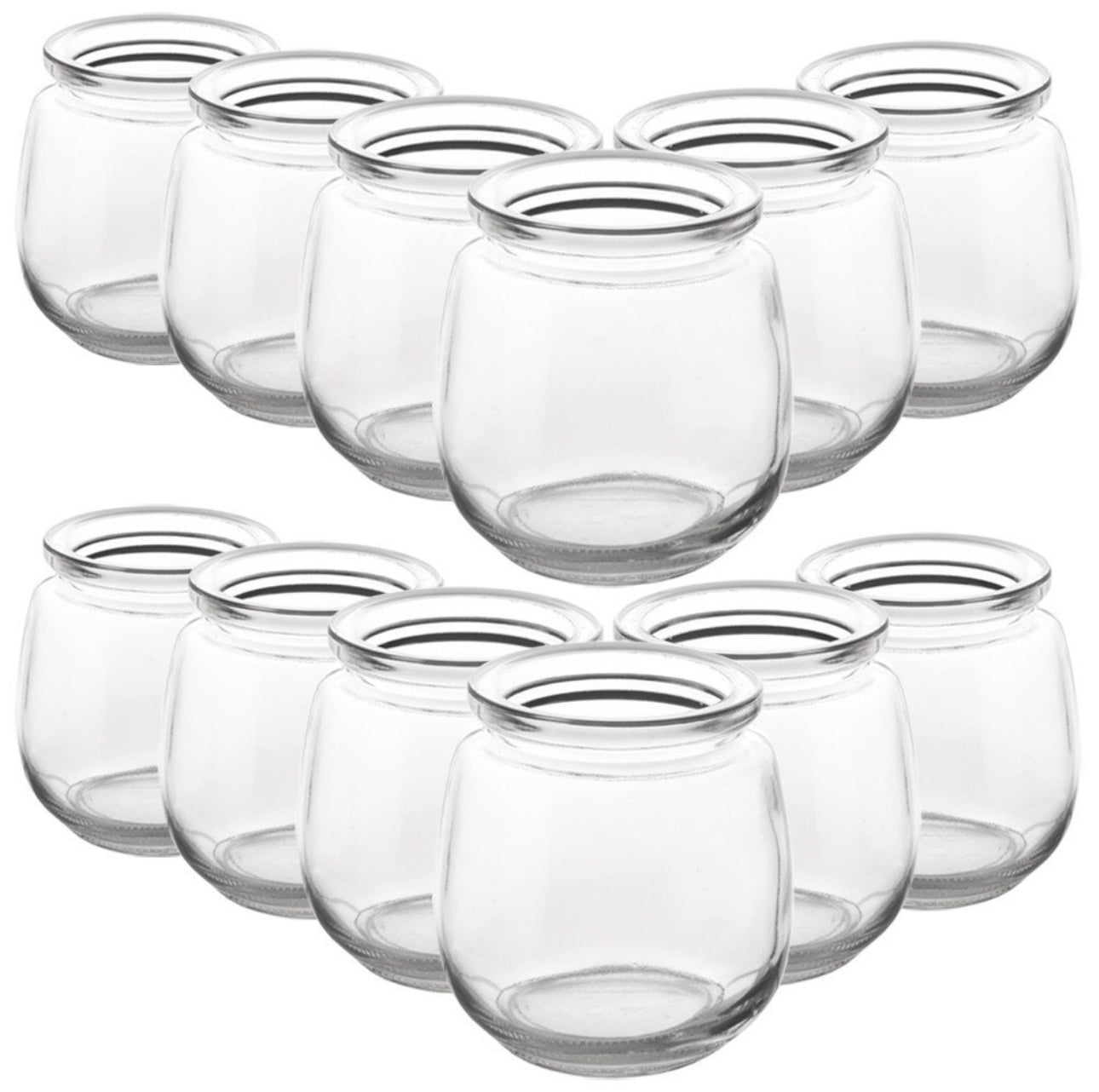 Tolv runde glasskrukker i klart glass, vist uten lokk på hvit bakgrunn
