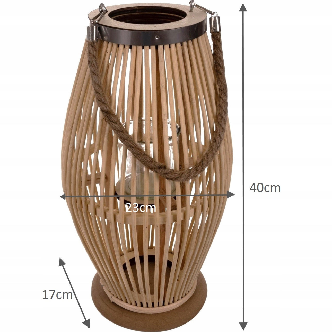 Bambuslyslykt med mål, 40 cm høy og 23 cm bred, med tauhåndtak og glassholder