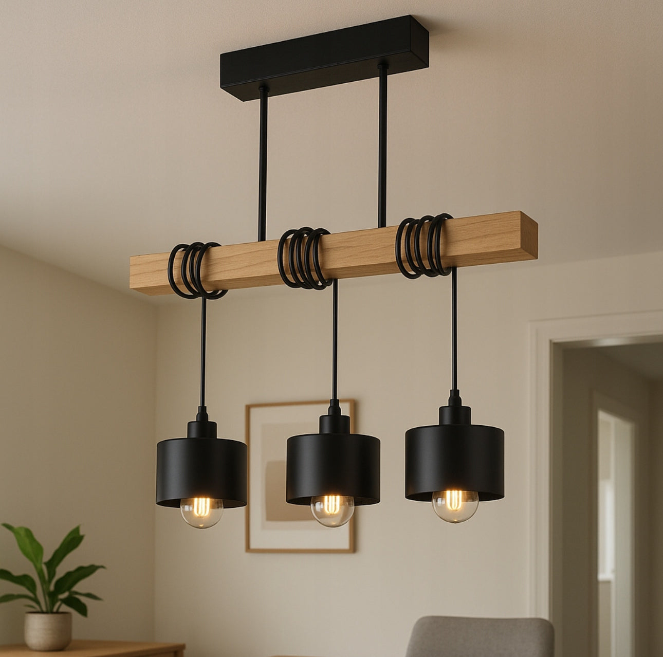 Moderne taklampe med svarte metallskjermer og lyspærer over spisebord