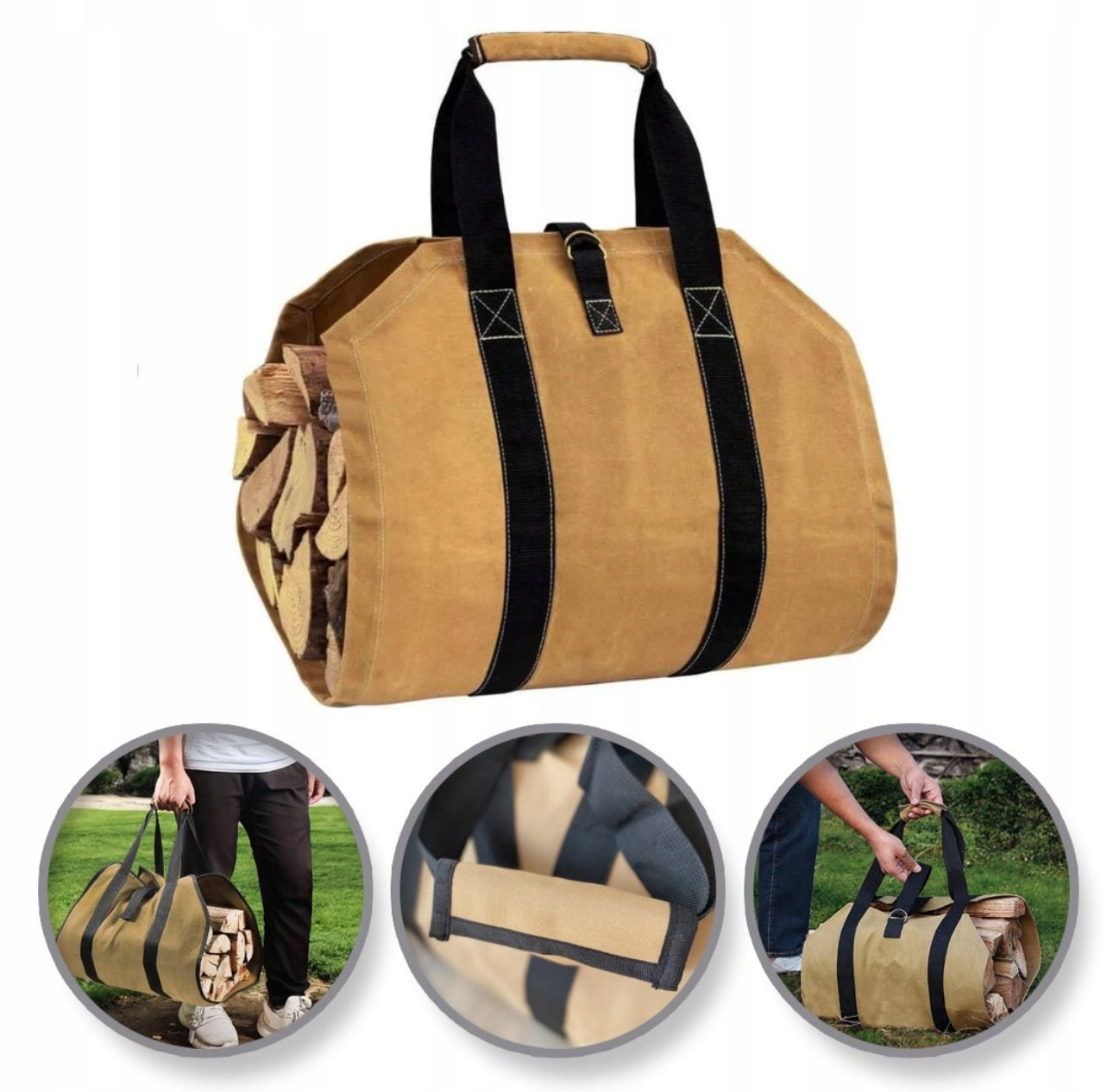 Beige lerretsbag med svarte håndtak fylt med ved, stående på gress