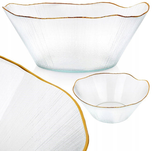 Elegant stor glassbolle med gullkant og krystallstruktur, vist fra siden med fokus på form og tekstur