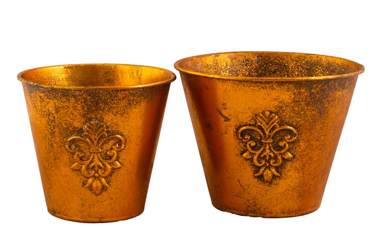 Sett med 2 runde blomsterpotter i metall – gullfarget med antikk finish og ornament, retro stil – stor potte Ø16,5 cm / H12,5 cm og liten potte Ø13,5 cm / H12 cm – perfekt til stue, borddekor og interiør