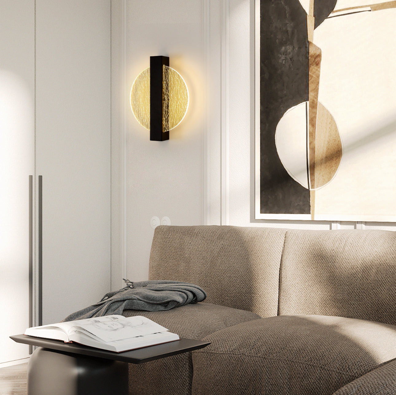 Moderne LED-vegglampe, 12W, svart metall og akrylmateriale, dimensjoner 25x20x4,5 cm, varm hvit belysning (3000K), stilren design for stue og soverom.