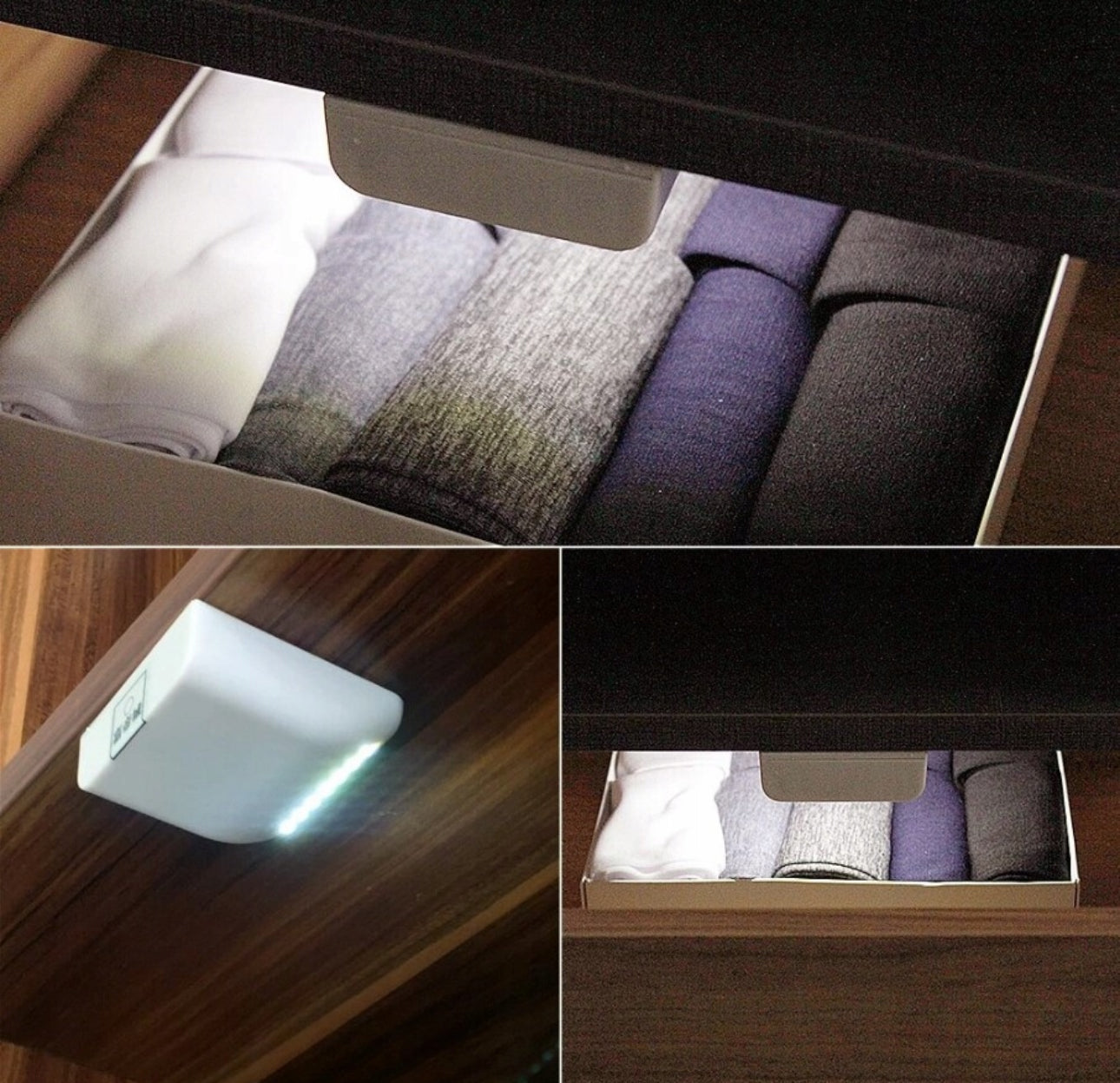 LED-lampe med kaldhvitt lys som lyser opp brettede klær i skuff