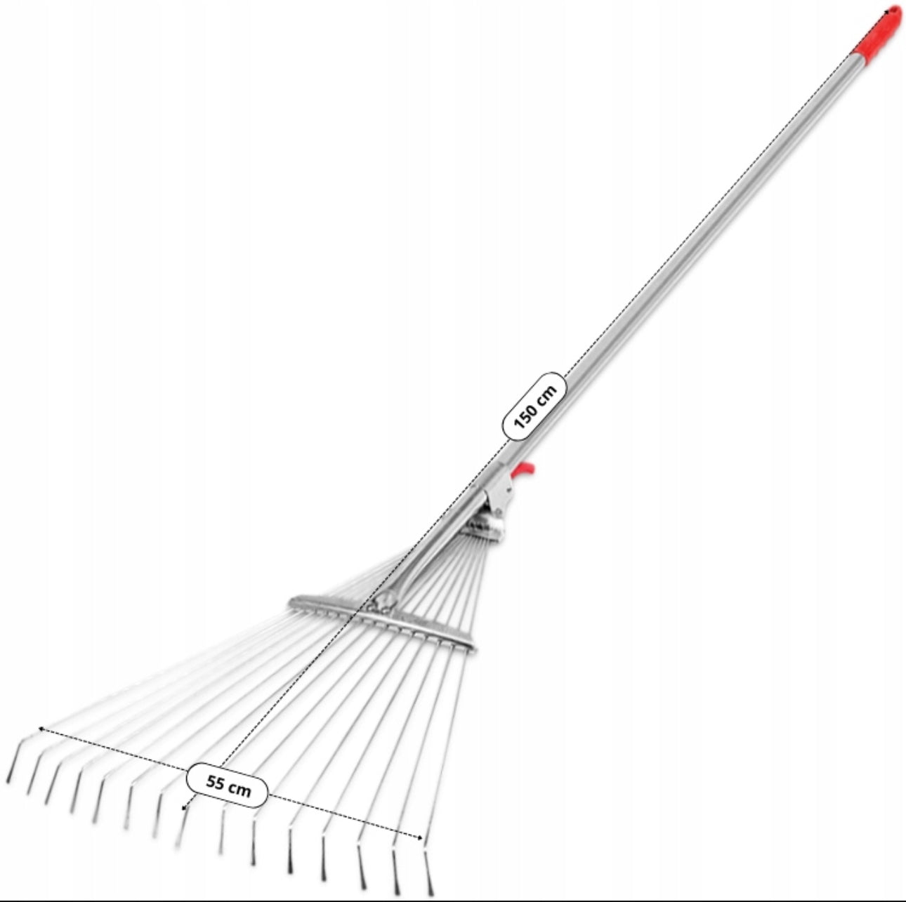 Regulerbar metallrake for hagearbeid, justerbar bredde 20-55 cm, total lengde opptil 150 cm. Laget av galvanisert stål med slitesterkt metalltråd og ergonomisk grep med rød detalj. Perfekt for å samle løv, gress og hageavfall.