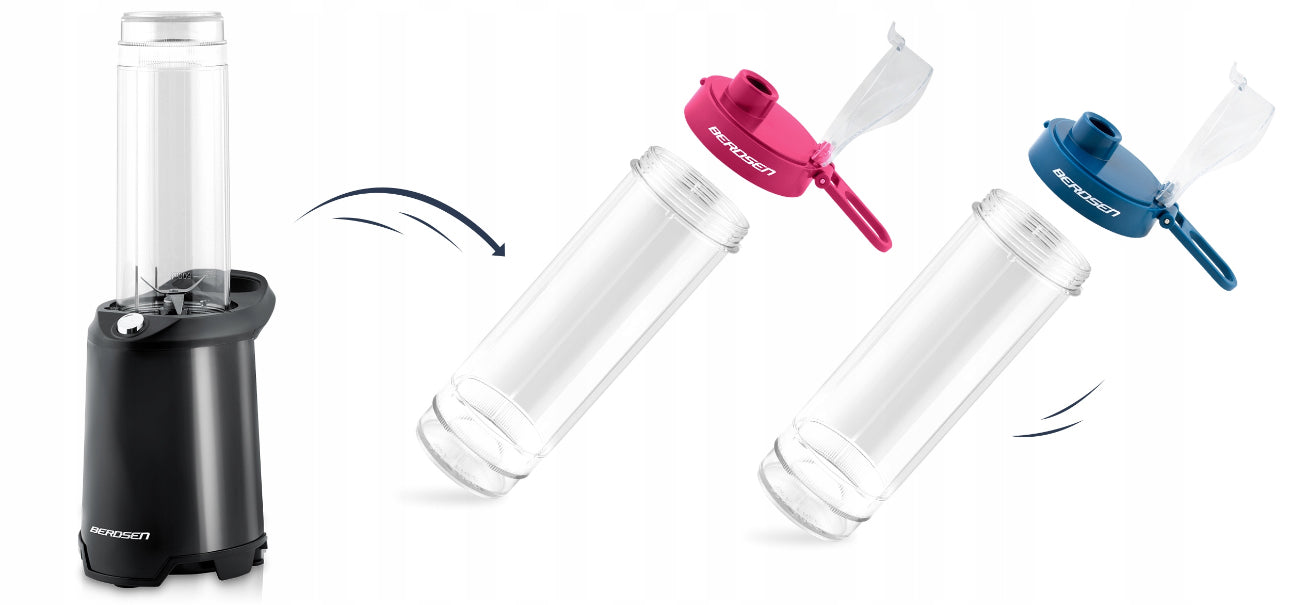 Sort smoothieblender med to løse drikkeflasker med rosa og blå lokk
