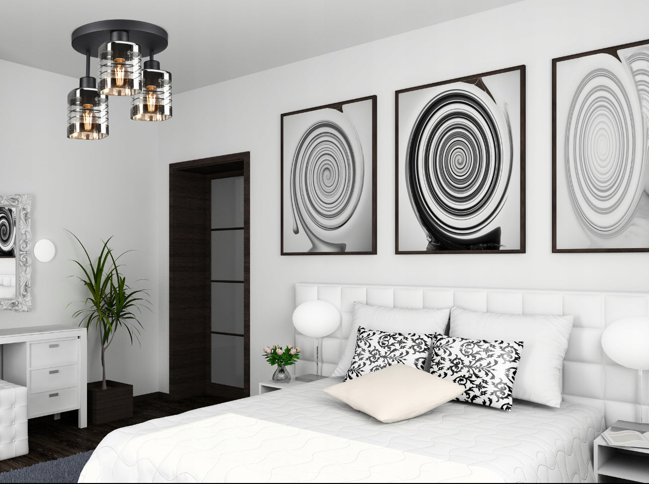 Elegant taklampe med røykfarget glass i moderne soveromsmiljø