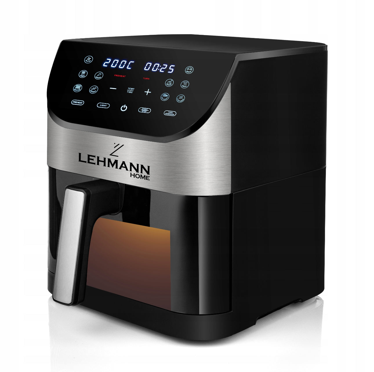 Moderne airfryer i svart og rustfritt stål med digitalt LED-panel og håndtak i metall