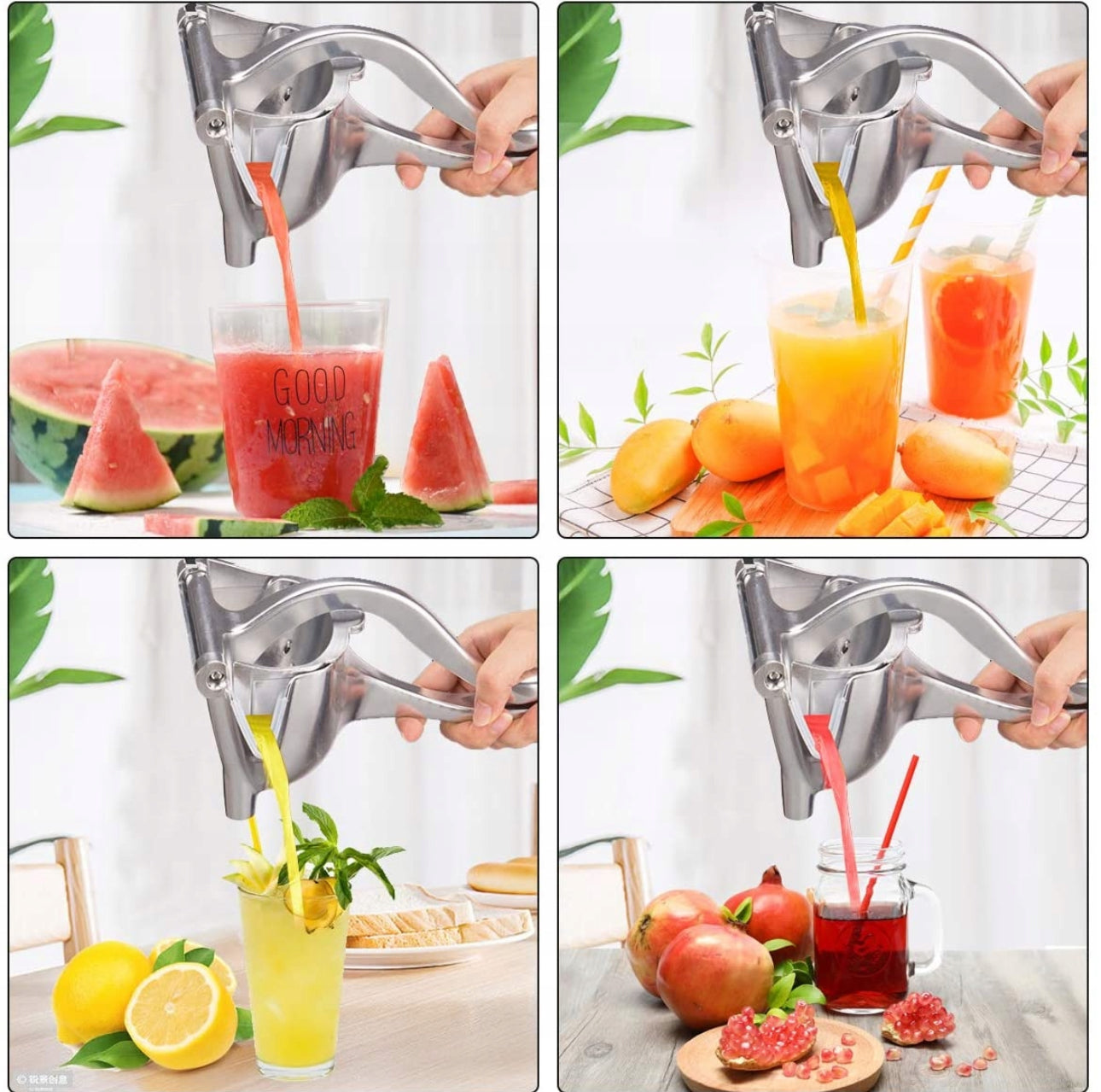 Fire situasjoner med manuell sitruspresse brukt til å lage juice av vannmelon, appelsin, sitron og granateple.