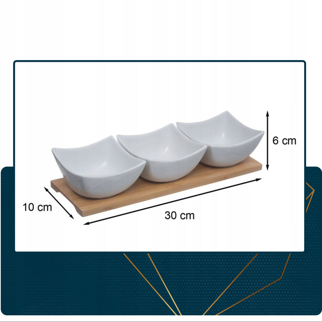 Serveringssett med tre hvite porselensskåler (9,7 x 9,7 x 5 cm) og en bambusbrett (30 x 10 cm) i elegant design. Perfekt for snacks, dips og sauser. Slitesterkt materiale og miljøvennlig. Hvitt og naturlig bambusfarget.