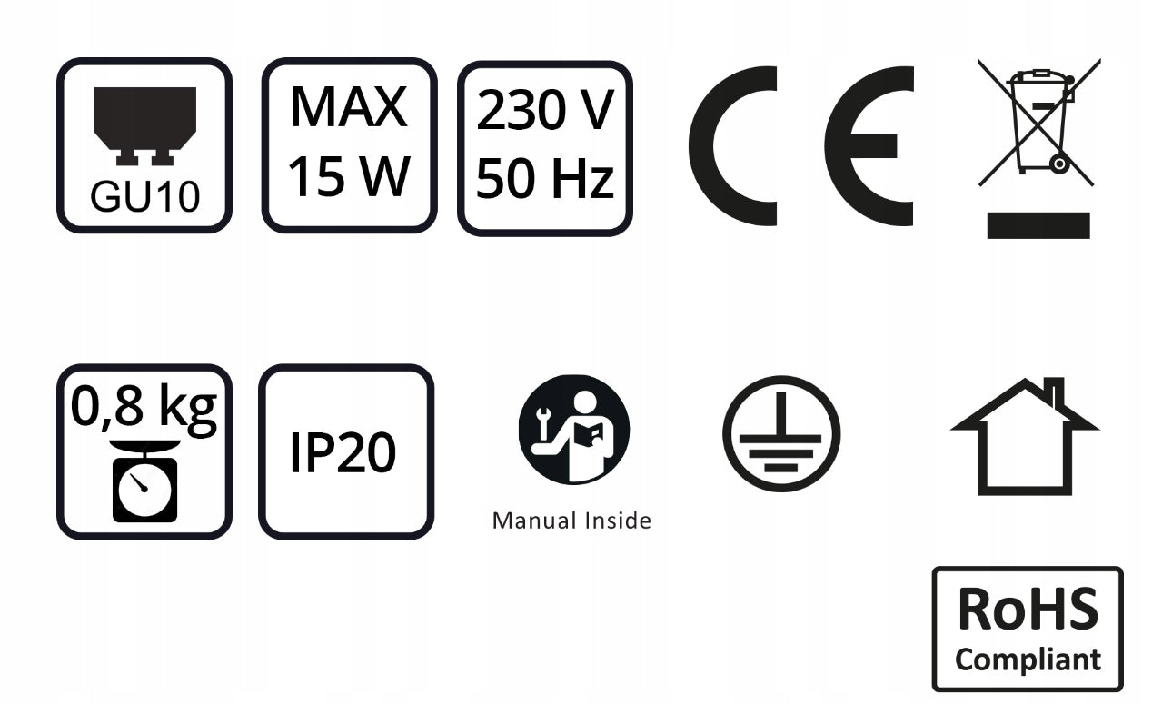 Ikoner som viser spesifikasjoner: GU10, 15W, 230V, IP20, vekt 0,8 kg og CE-sertifisering