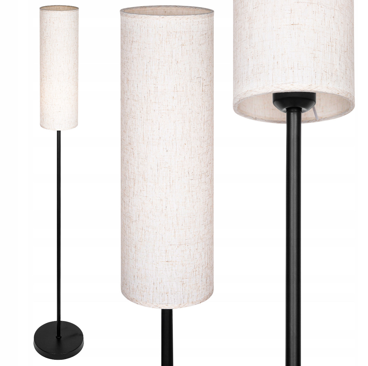 Høy stålampe med sort metallfot og beige tekstilskjerm