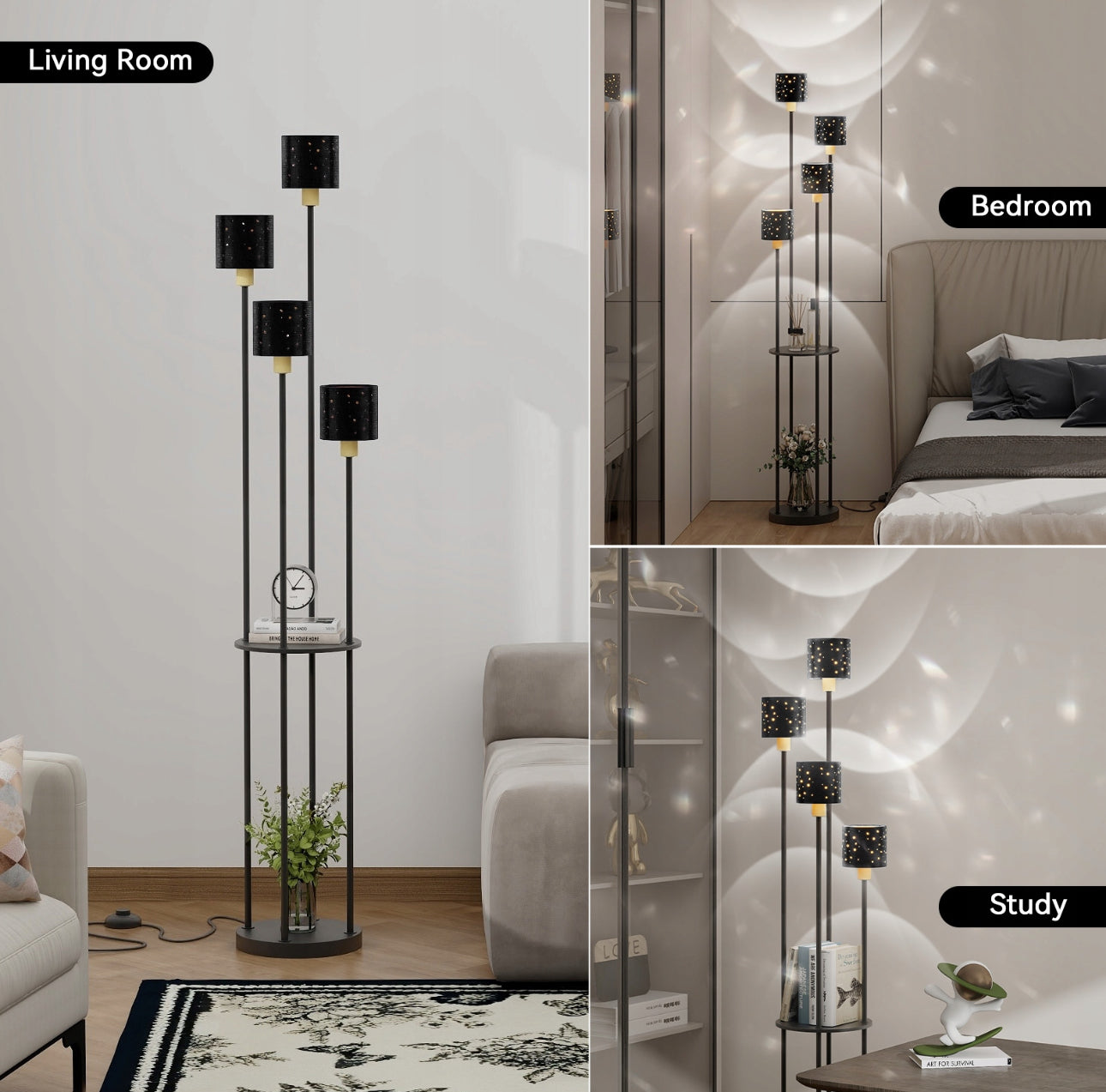 Elegant gulvlampe med fire skjermer brukt i stue, soverom og kontor