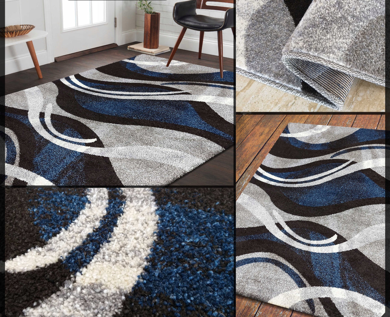 Moderne teppe 80x150 cm i blått, grått og sort med bølgemønster – laget av slitesterk Heat Set Frise-polypropylen for varme og lydisolering