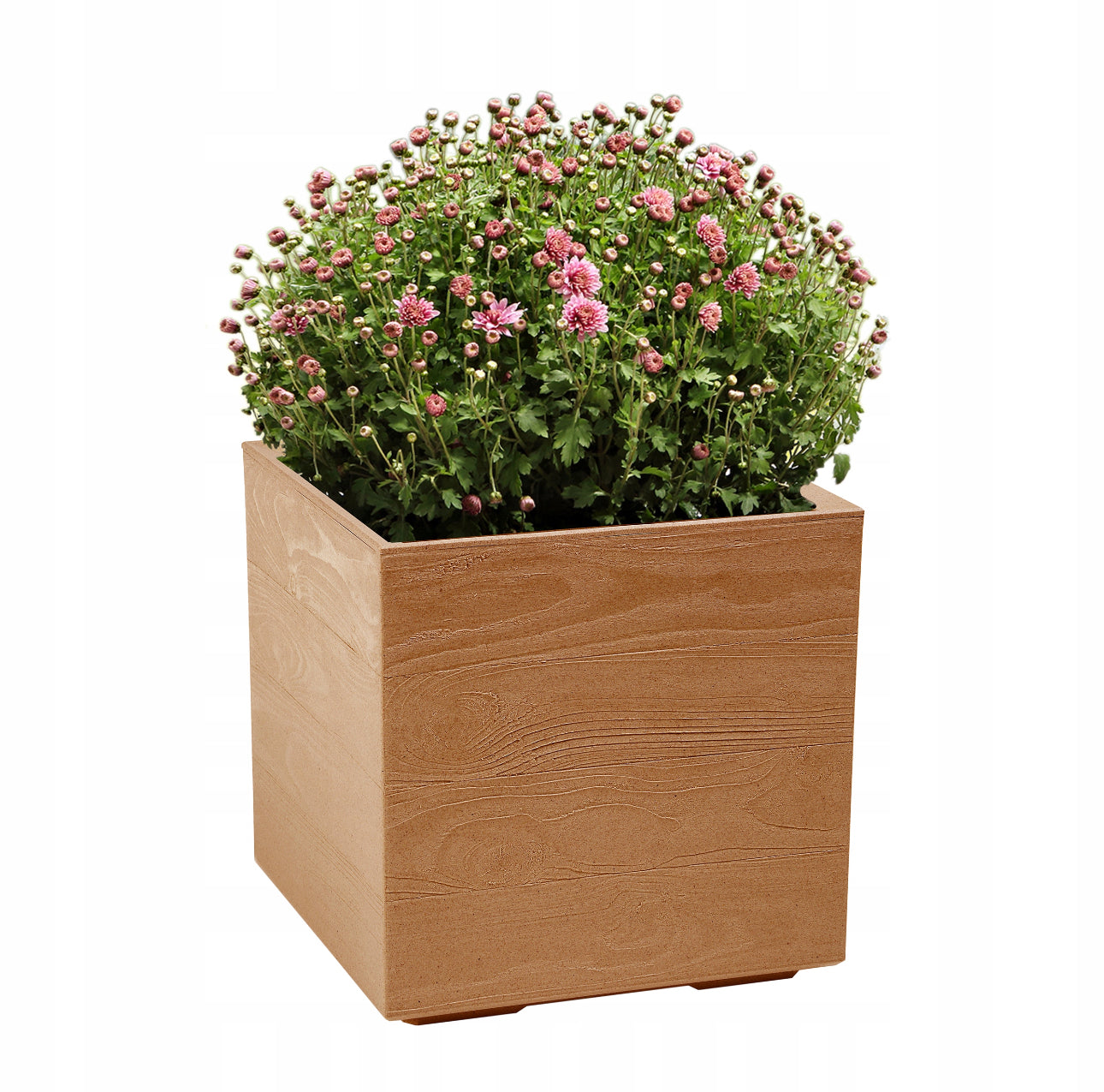 Stor plantekasse i treimitasjon, 40x40x40 cm, farge: naturtre-look. Laget av værbestandig, resirkulert plast med dreneringssystem og hjul for enkel flytting. Perfekt til hage, terrasse og balkong.