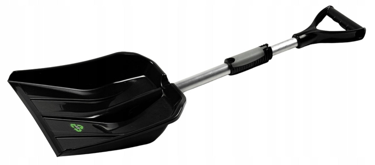 Justerbar teleskopisk snøskuffe, 78-96 cm lengde, robust aluminiumsskaft, slitesterk plastblad i sort farge, ideell for snø, sand og løv – kompakt og lett for bil eller hage.