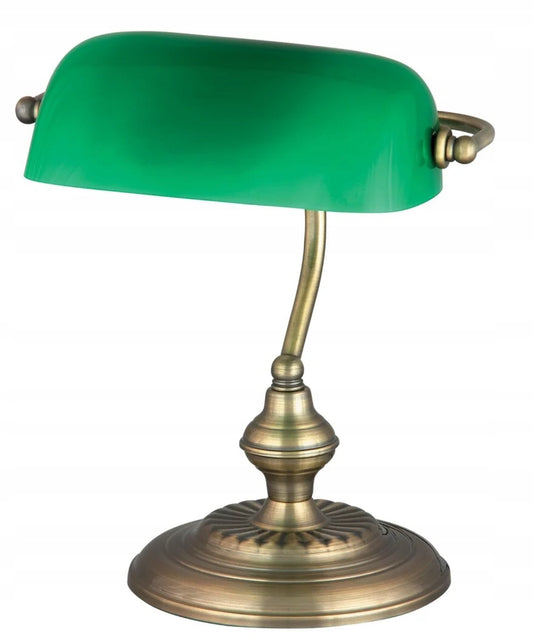 Klassisk banklampe i antikk brun metall med grønn glasskjerm