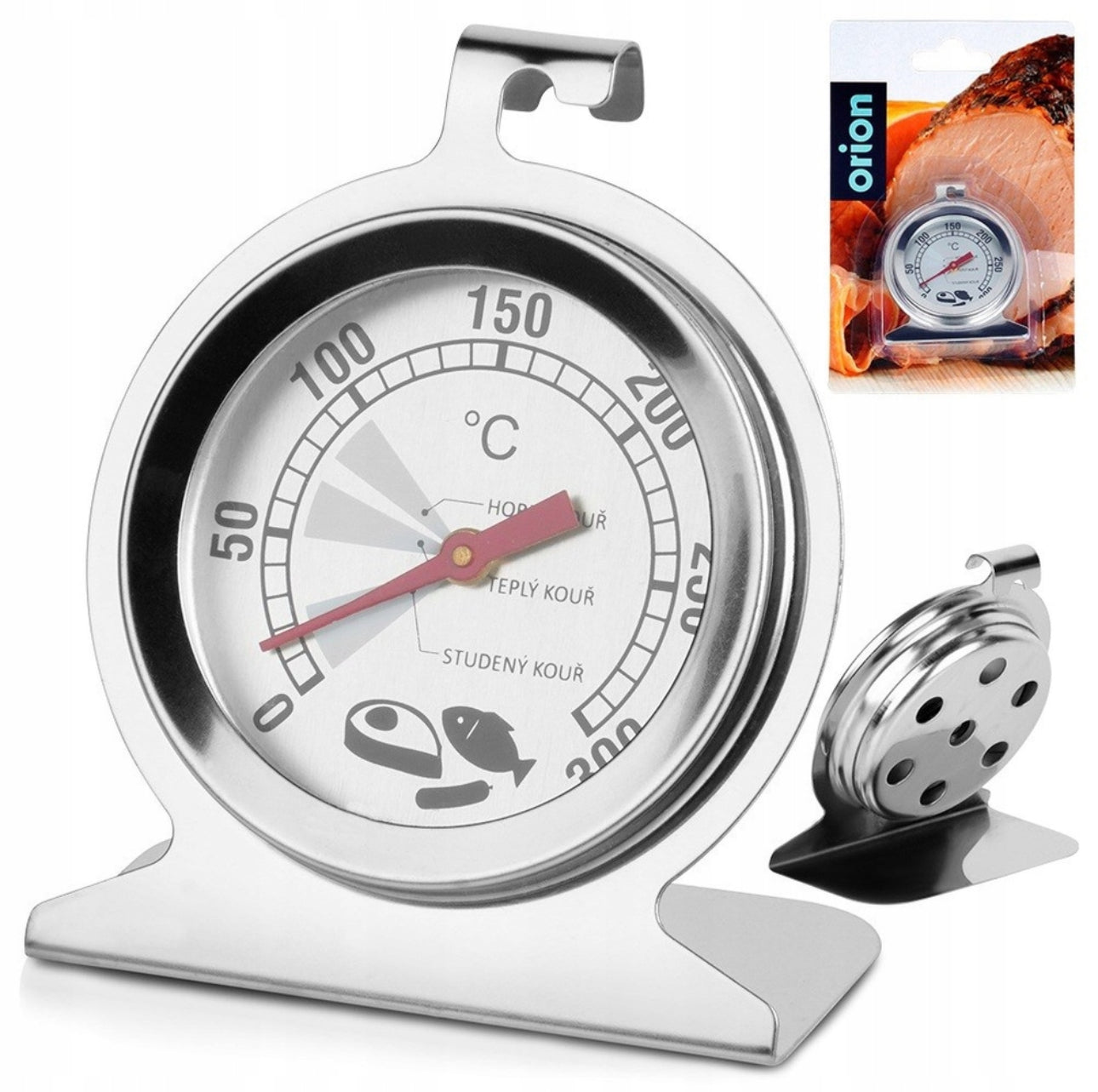 Ovnstermometer i rustfritt stål med temperaturvisning opptil 300°C og tydelig skala for røykvarme
