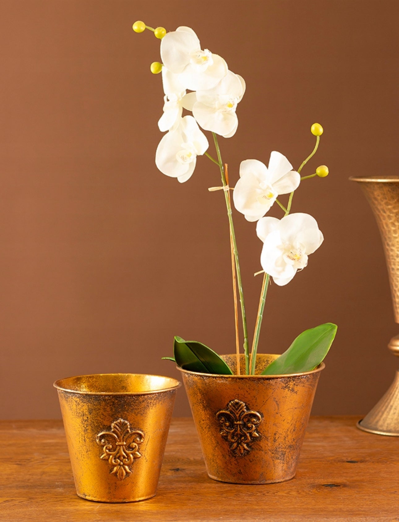 Sett med 2 runde blomsterpotter i metall – gullfarget med antikk finish og ornament, retro stil – stor potte Ø16,5 cm / H12,5 cm og liten potte Ø13,5 cm / H12 cm – perfekt til stue, borddekor og interiør