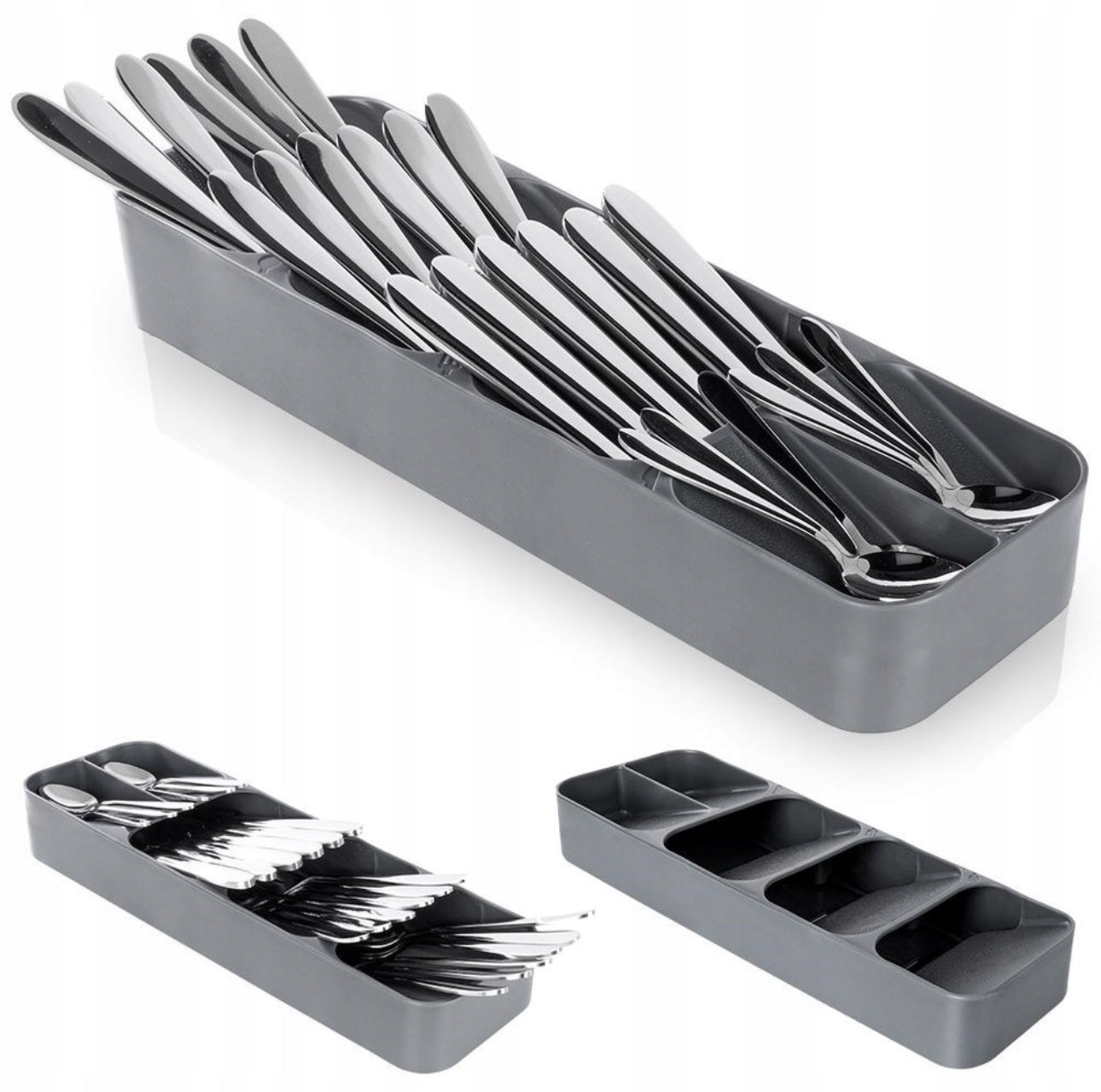 Grå bestikkorganizer med fire rom fylt med skjeer, kniver og gafler