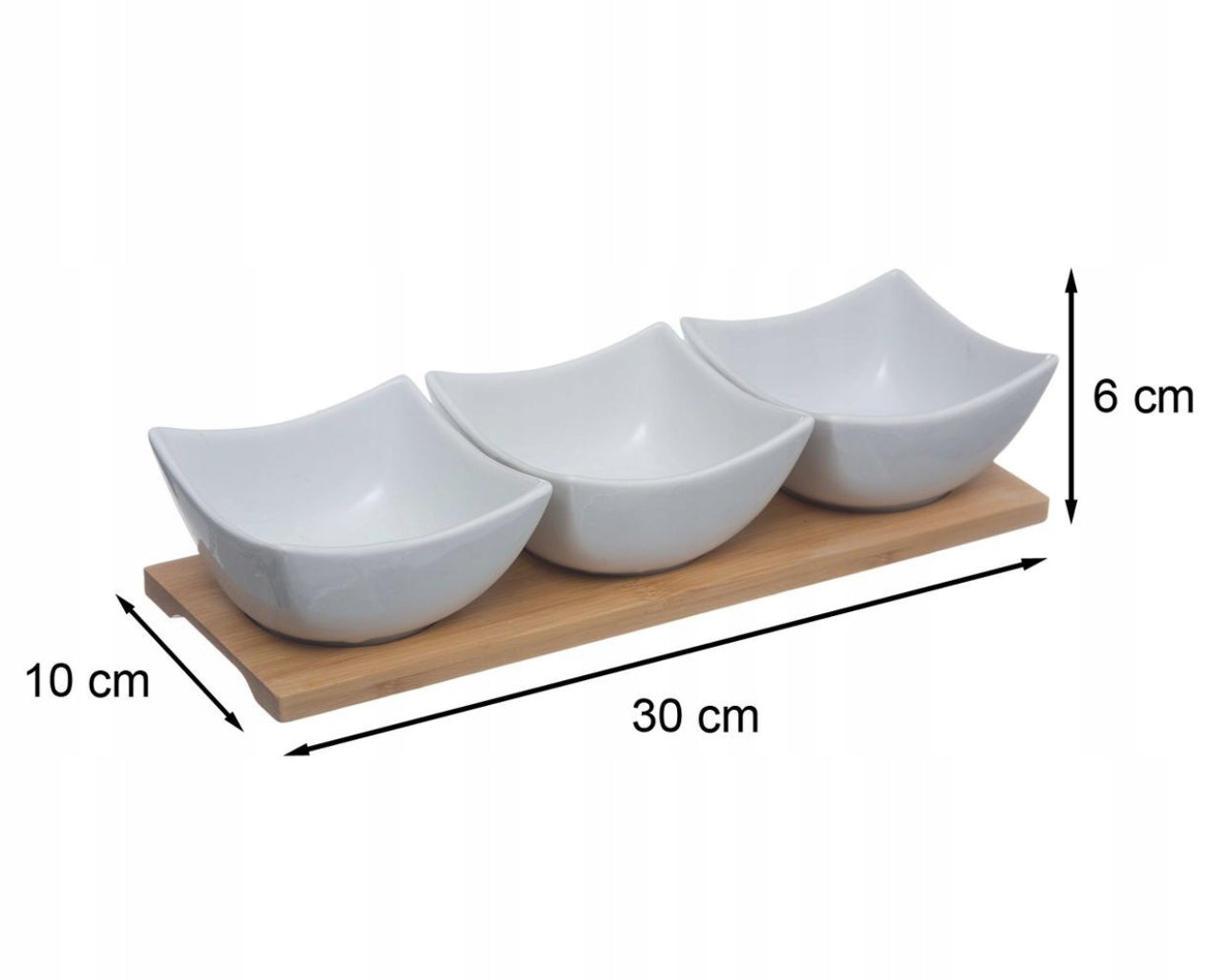Serveringssett med tre hvite porselensskåler (9,7 x 9,7 x 5 cm) og en bambusbrett (30 x 10 cm) i elegant design. Perfekt for snacks, dips og sauser. Slitesterkt materiale og miljøvennlig. Hvitt og naturlig bambusfarget.