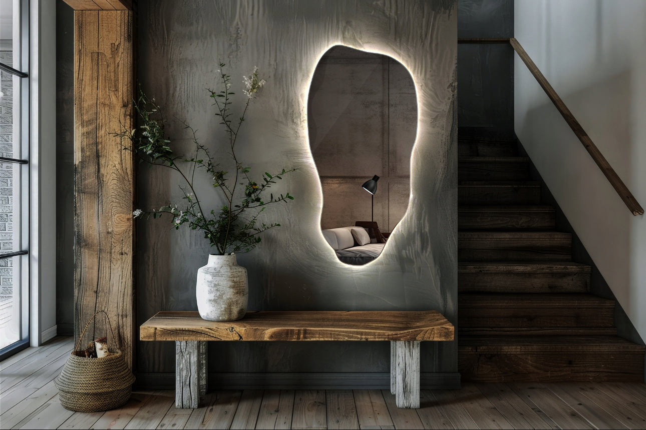 Asymmetrisk LED-speil 50x100 cm med bakgrunnsbelysning – moderne design i klart glass med 4 mm tykkelse, nøytral lysfarge 4000K, monteres med metalloppheng