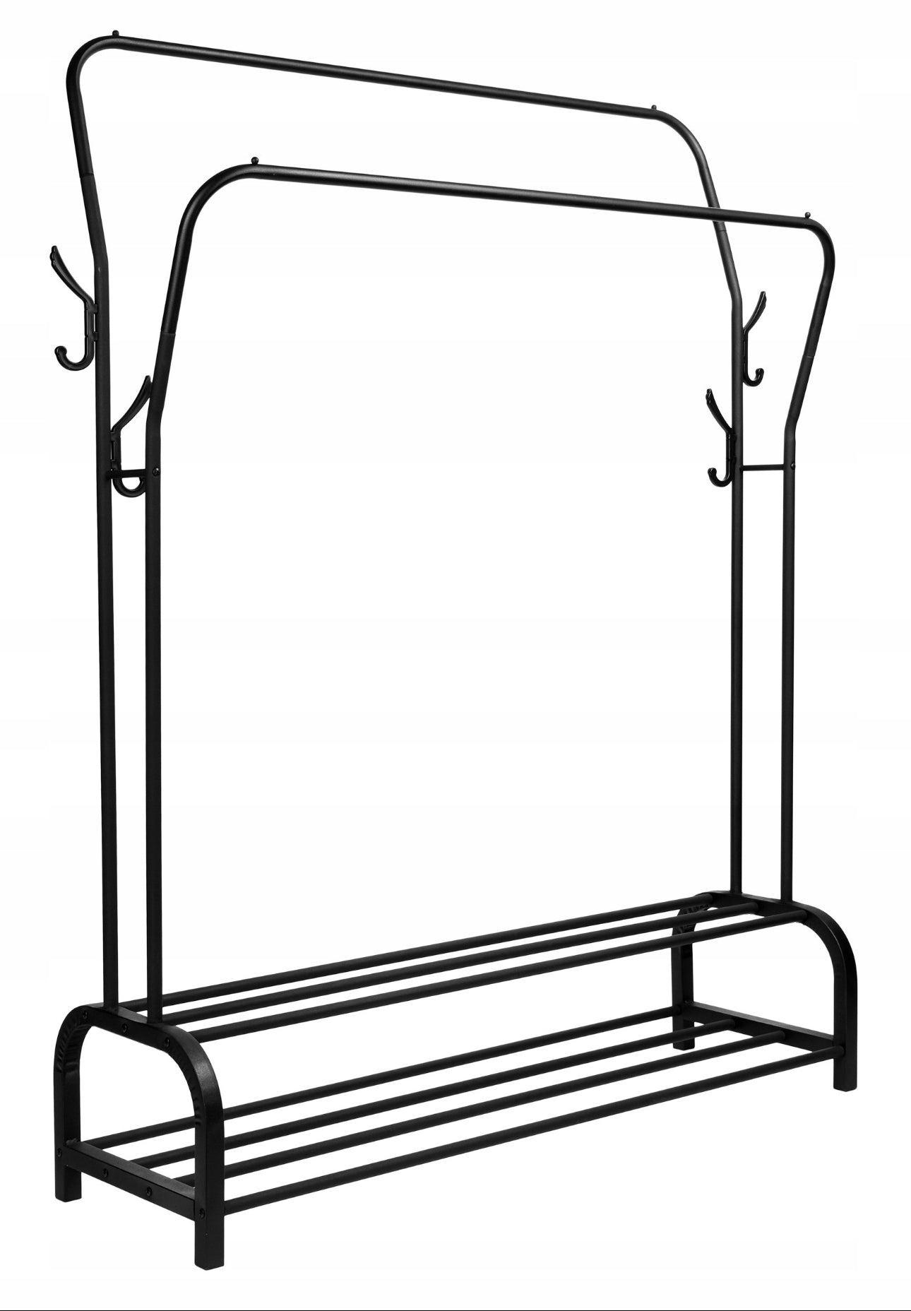 Klesstativ med fire sidekroker i sort metall, minimalistisk design