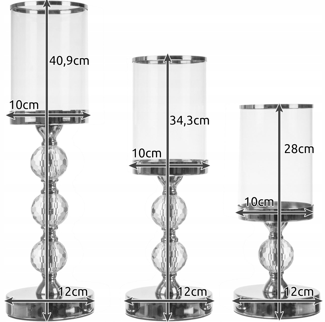 Sett med 3 lysestaker i sølvfinish med krystallkuler, laget av glass og metall, høyder på 28 cm, 34,3 cm og 40,9 cm, moderne design for elegant hjemmedekor.