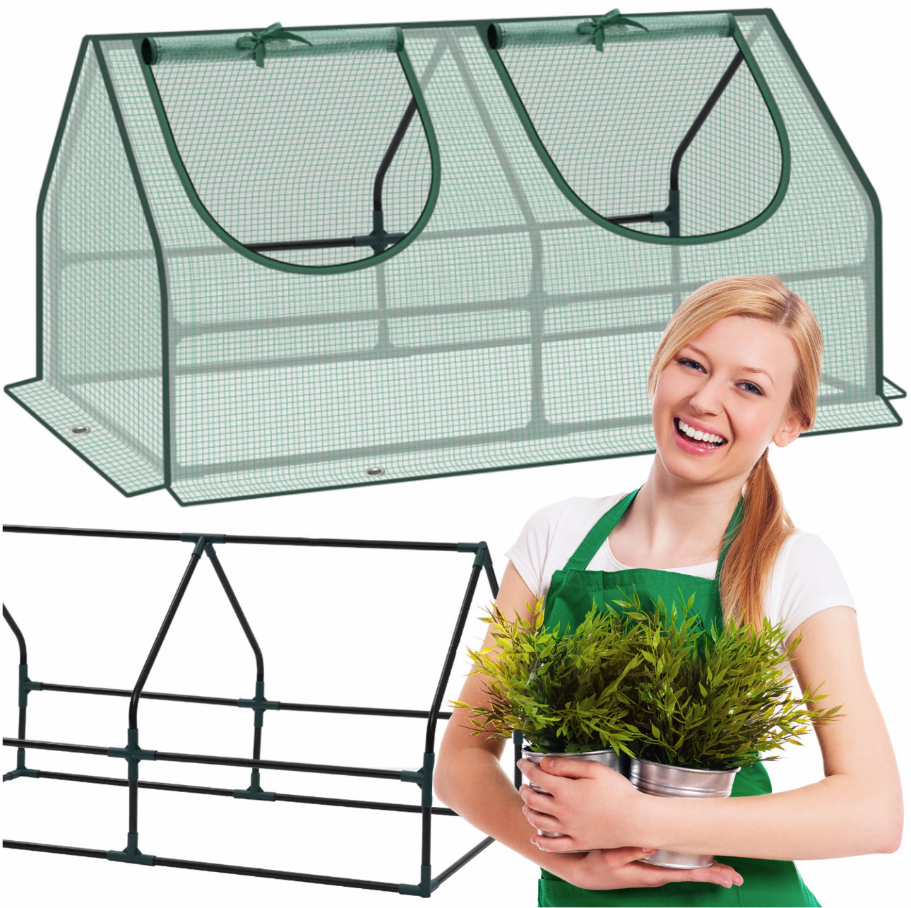 Ung kvinne med grønne planter foran sammenmontert ramme til mini-drivhus i stål og plast