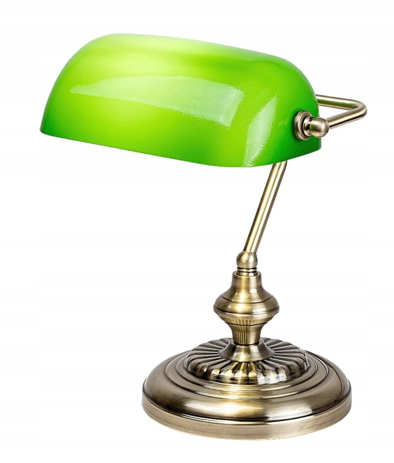 Bordlampe med grønn glasskjerm og elegant metallfot i klassisk stil