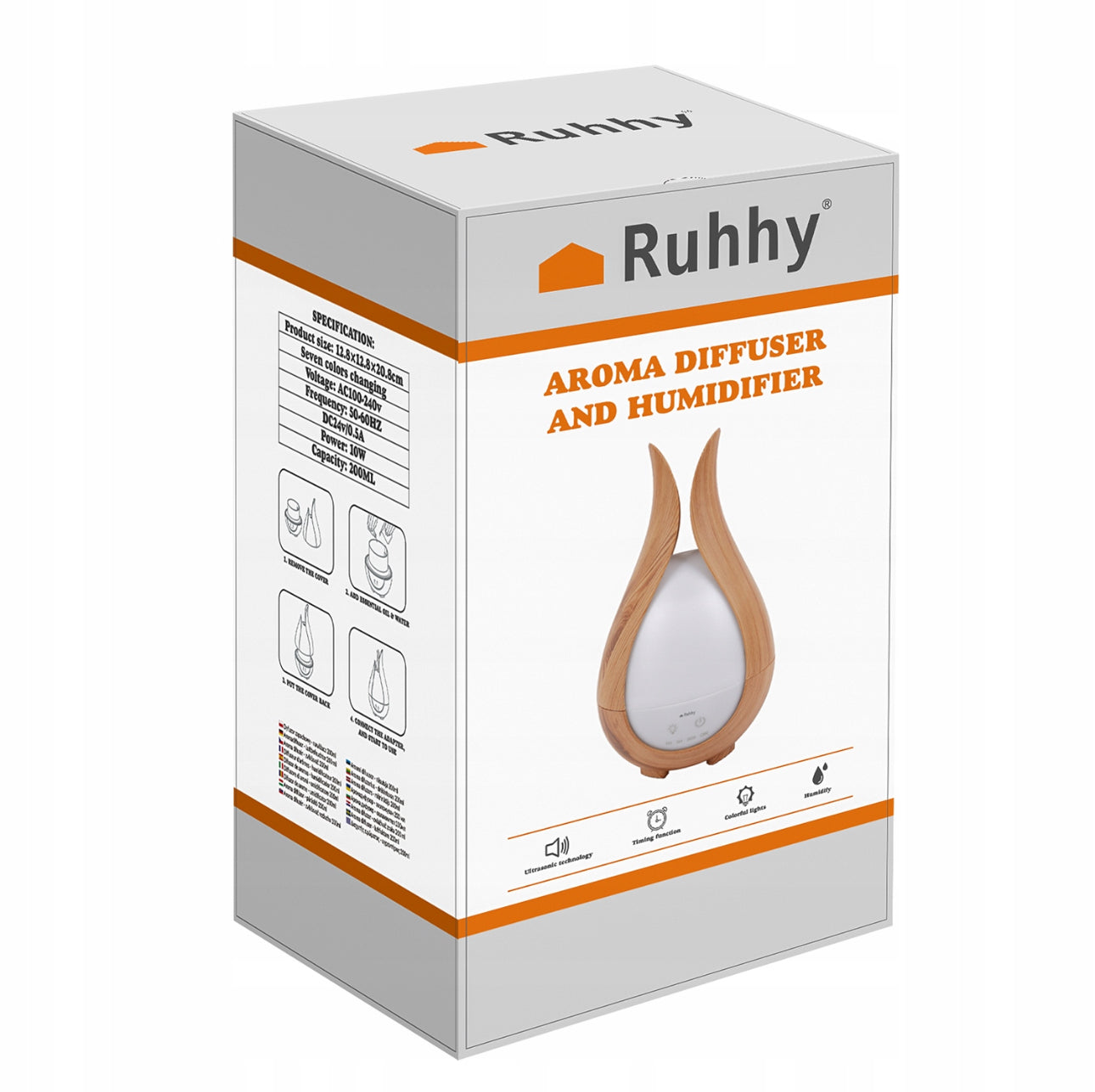 Ultrasonisk aroma diffuser med LED-lys i treimitasjon, 200 ml kapasitet, perfekt for aromaterapi og luftfukting i hjemmet, med fjernkontroll og justerbare lysinnstillinger.