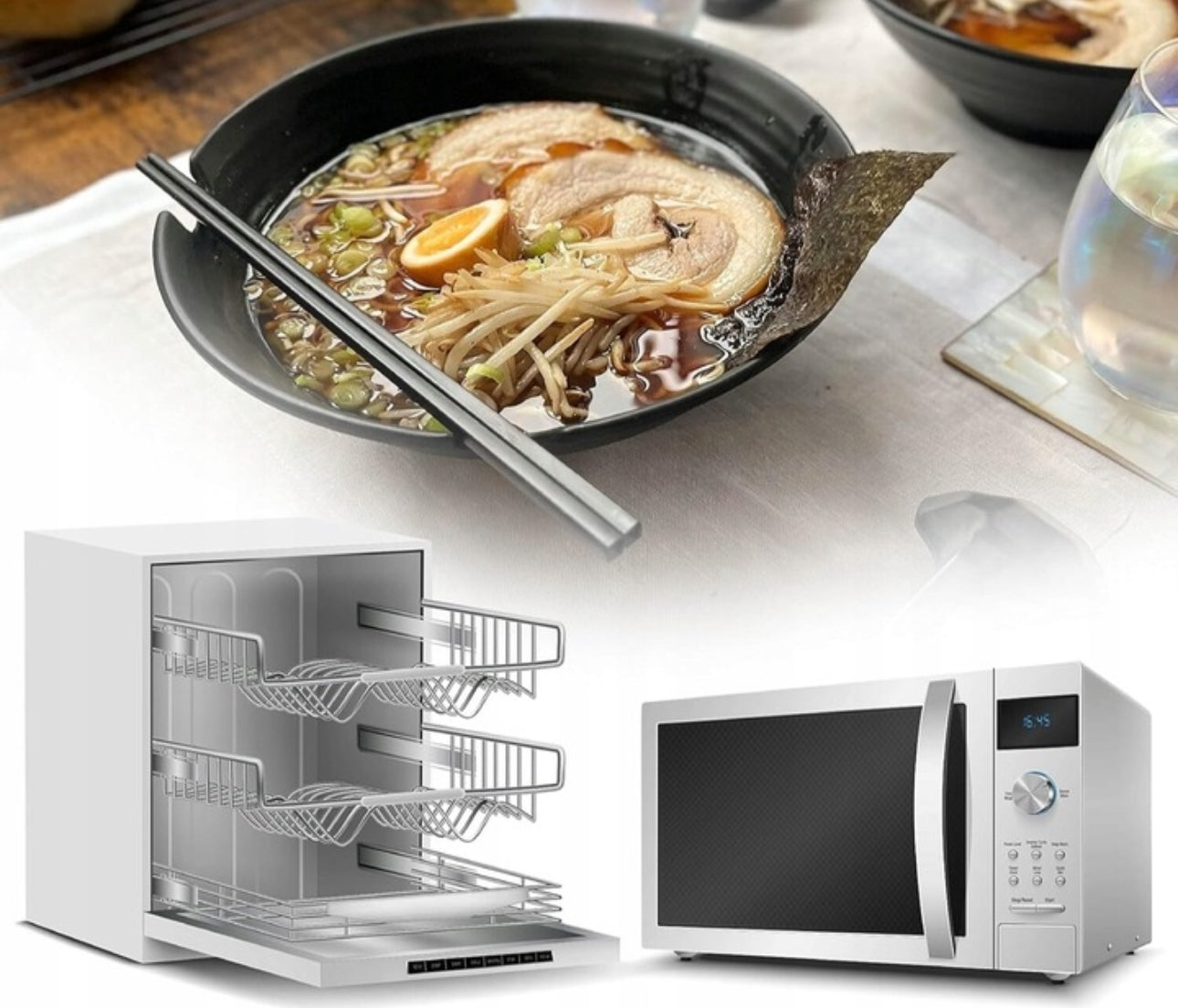 Ramen bollesett i svart med kapasitet på 1000 ml, inkludert spisepinner og skjeer. Laget av slitesterkt, mikrobølgeovn- og oppvaskmaskinsikkert materiale. Perfekt for servering av ramen, nudler og supper.