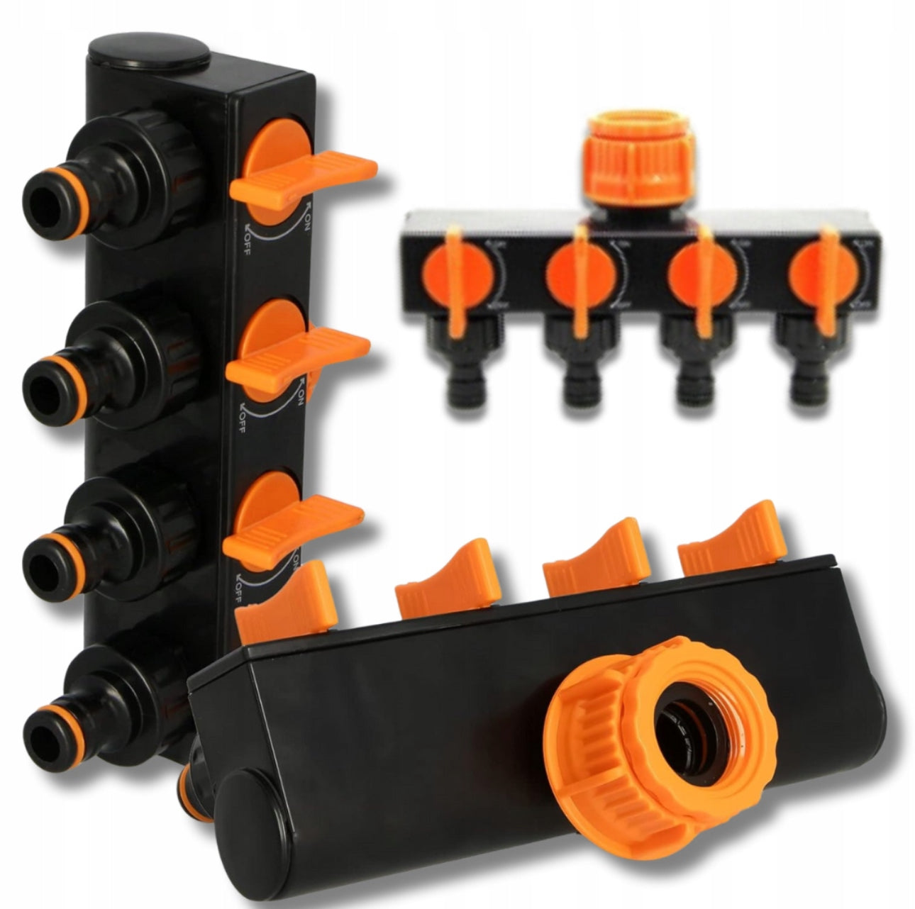 4-veis vannfordeler til hageslange, sort og oransje plast, med individuelle ventiler for 1” og 3/4” hagekran
