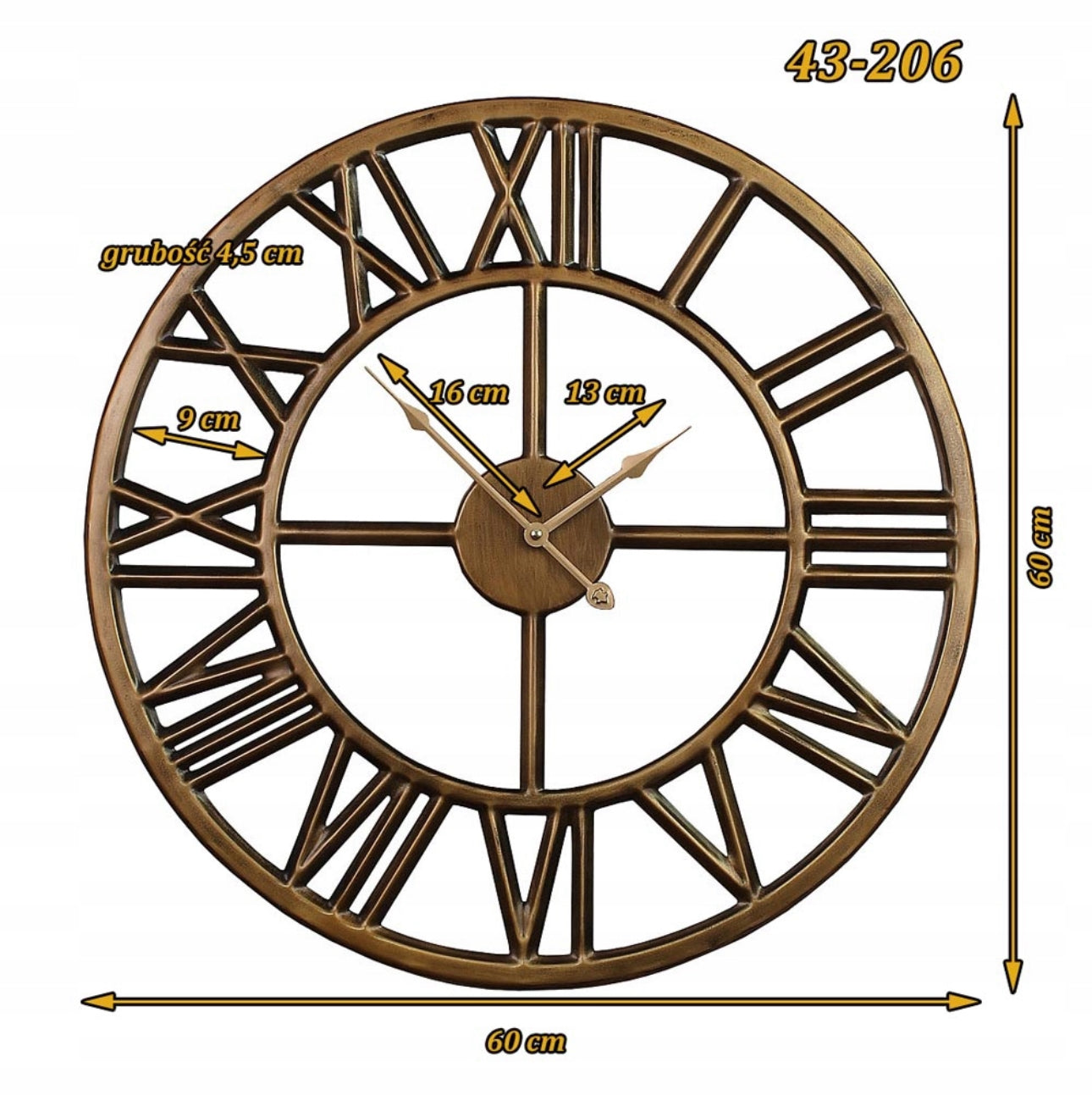 Industriell veggklokke i bronse med romertall, diameter 60 cm
