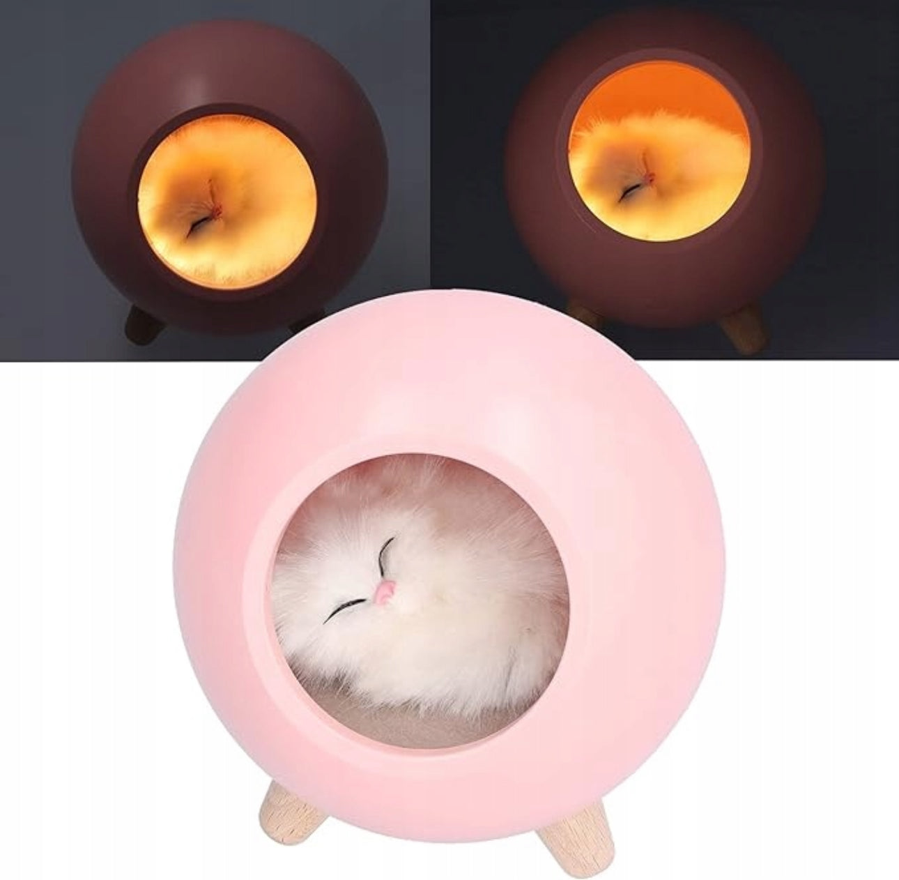 Rosa og brun nattlampe med sovende katt og varmt lys