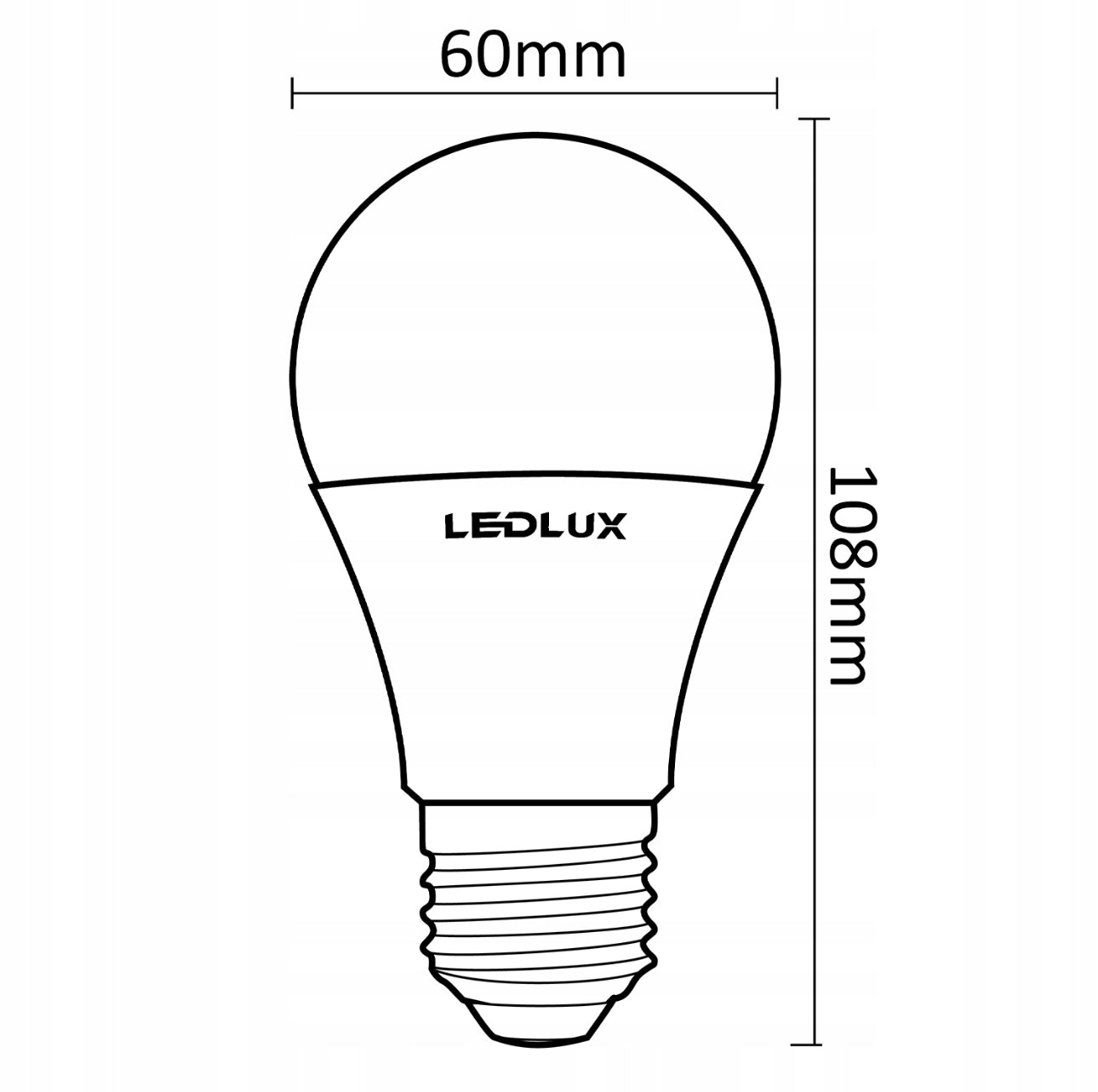 Illustrasjon av LED lyspære E27 med mål 60 mm bredde og 108 mm høyde